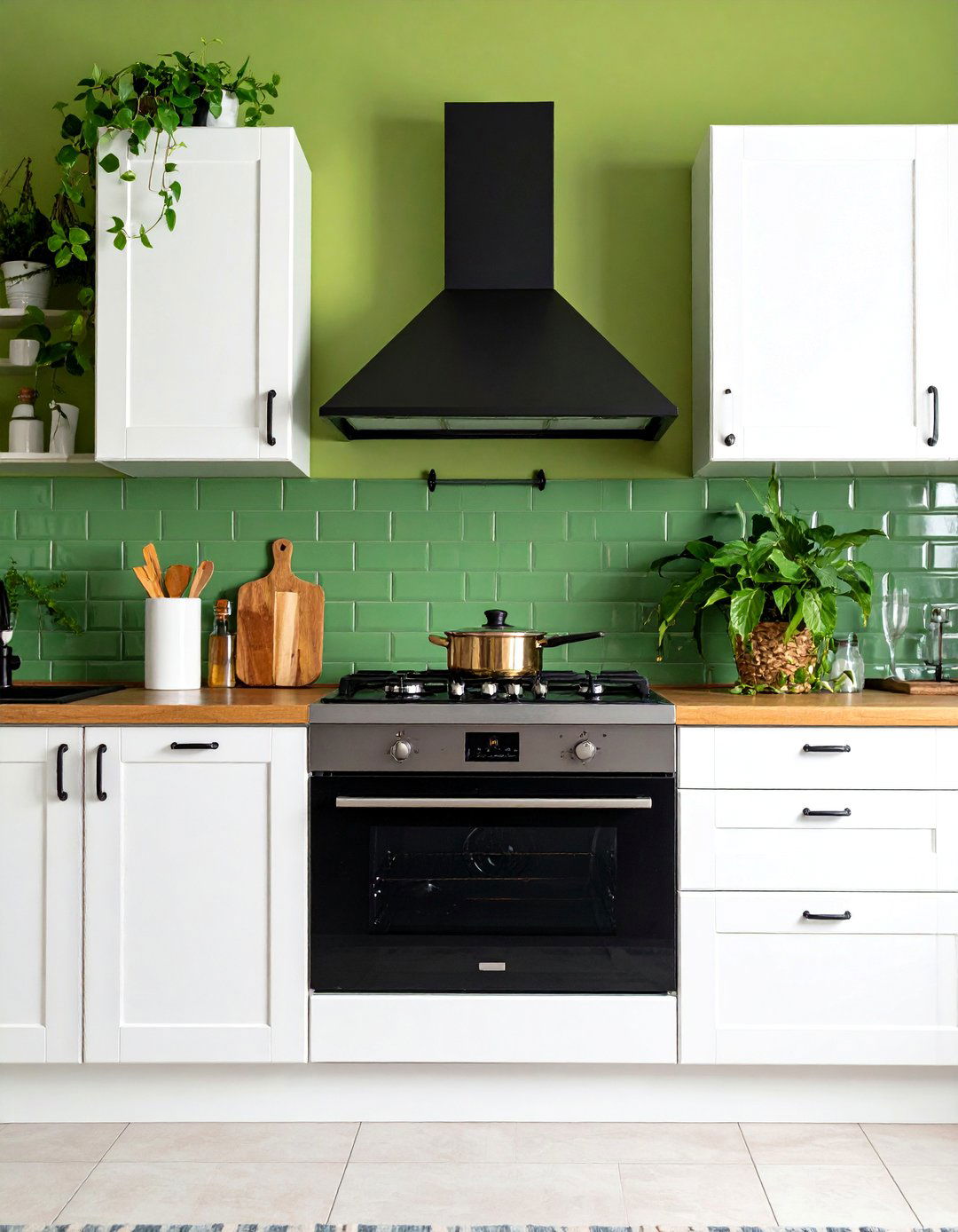 Olive Green Backsplash with Black Range Hood - 25 Black and Green Kitchen Ideas