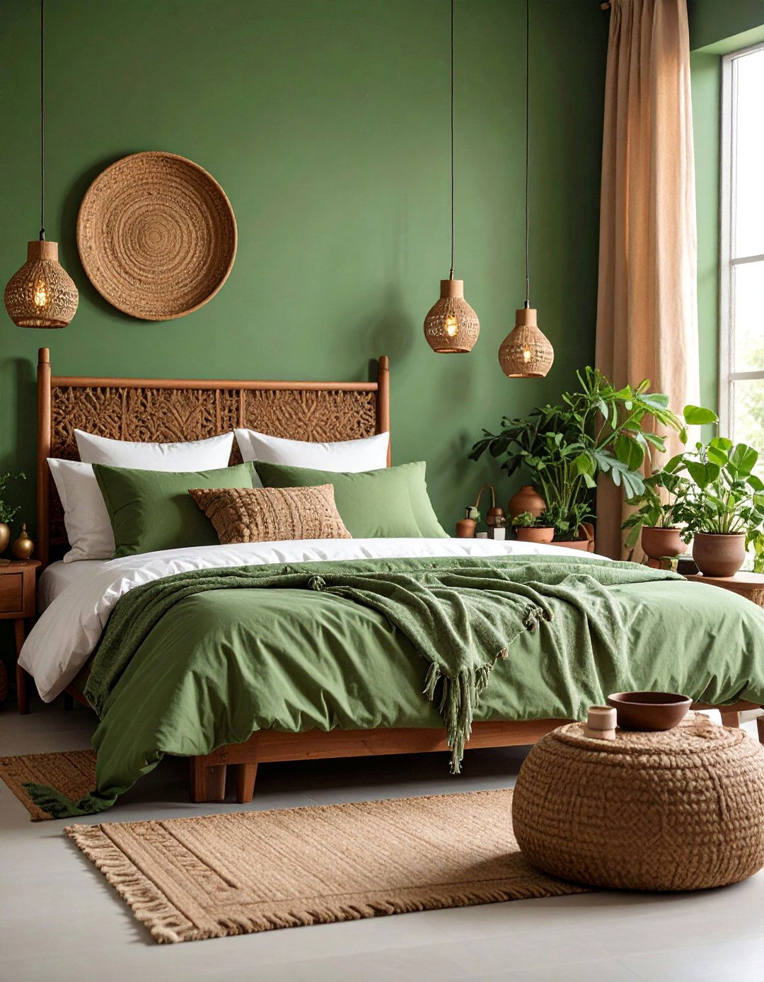 Olive Green Bedroom with Brown Ceramic and Pottery Elements - 25 Green and Brown Bedroom Ideas
