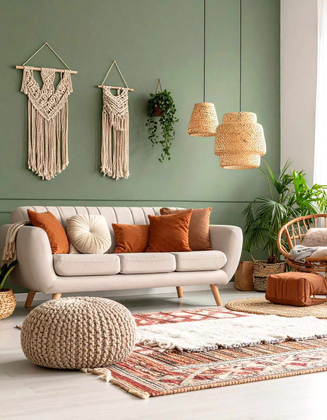Olive Green Bohemian Living Room Oasis - 25 Dark Green Accent Wall Ideas