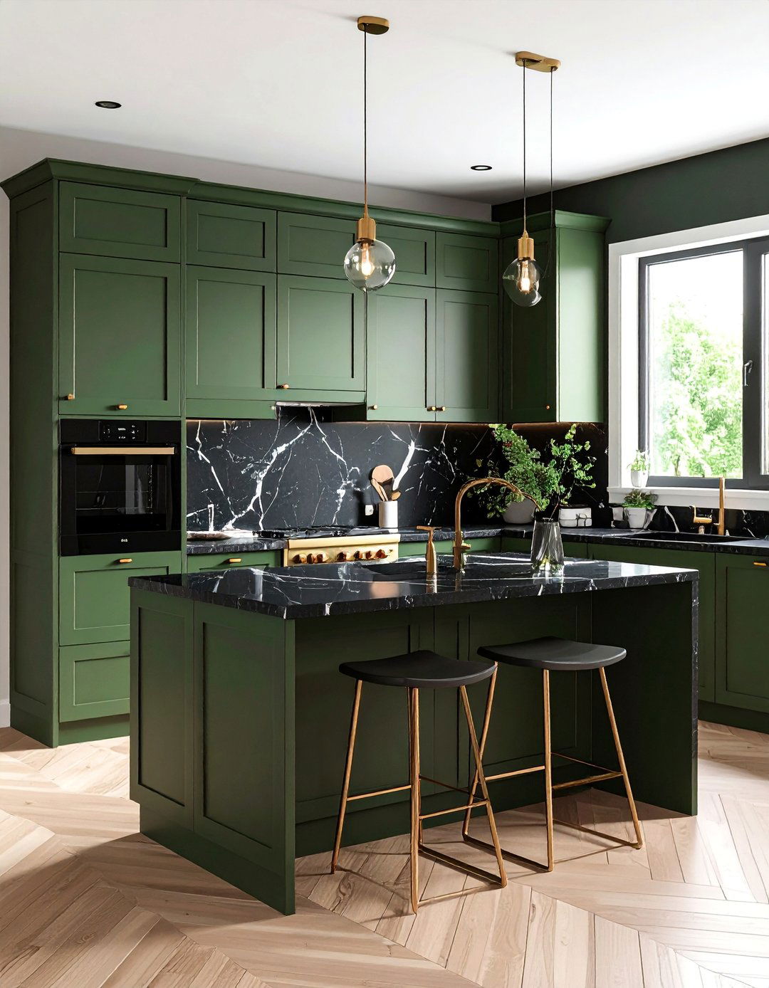 Olive Green Cabinets with Black Marble Backsplash - 25 Black and Green Kitchen Ideas