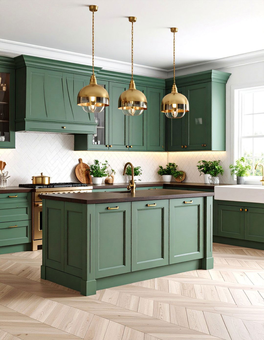 Olive Green Cabinets with Dark Brown Wood Countertops - 25 Green and Brown Kitchen Ideas