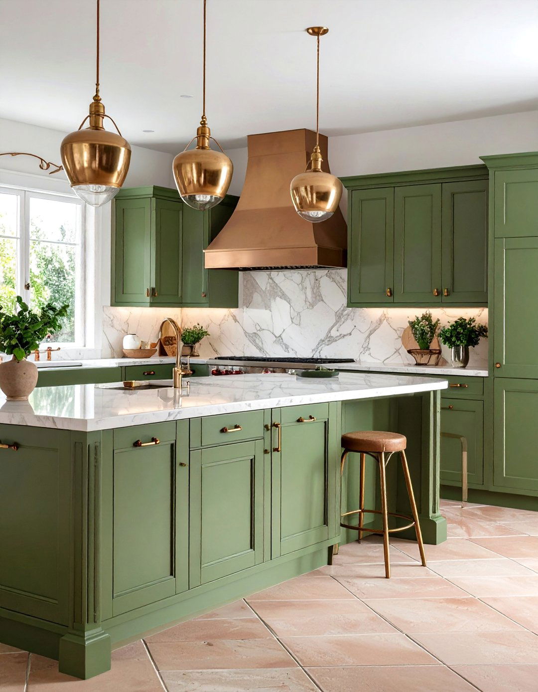 Olive Green Cabinets with Natural Stone Countertops - 25 Dark Green Kitchen Ideas