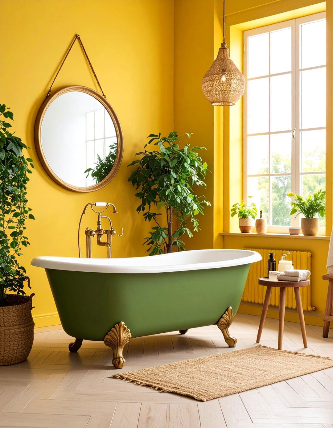 Olive Green Clawfoot Tub with Sunny Yellow Walls - 25 Yellow and Green Bathroom Ideas