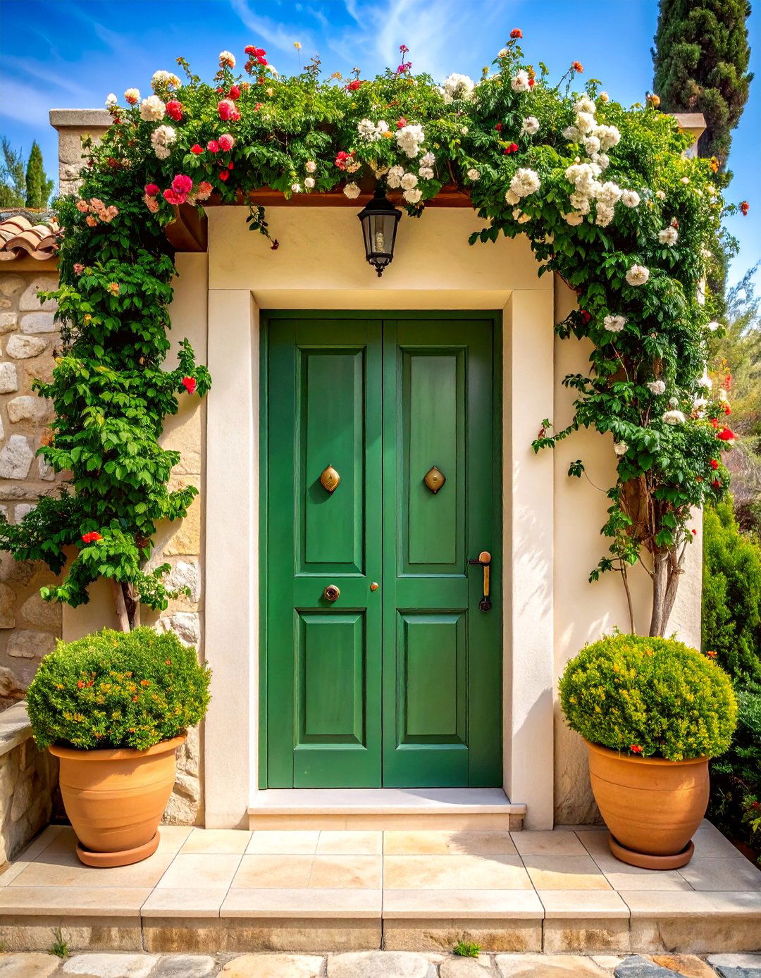 Olive Green Door with Mediterranean Stone - 25 Dark Green Front Door Ideas