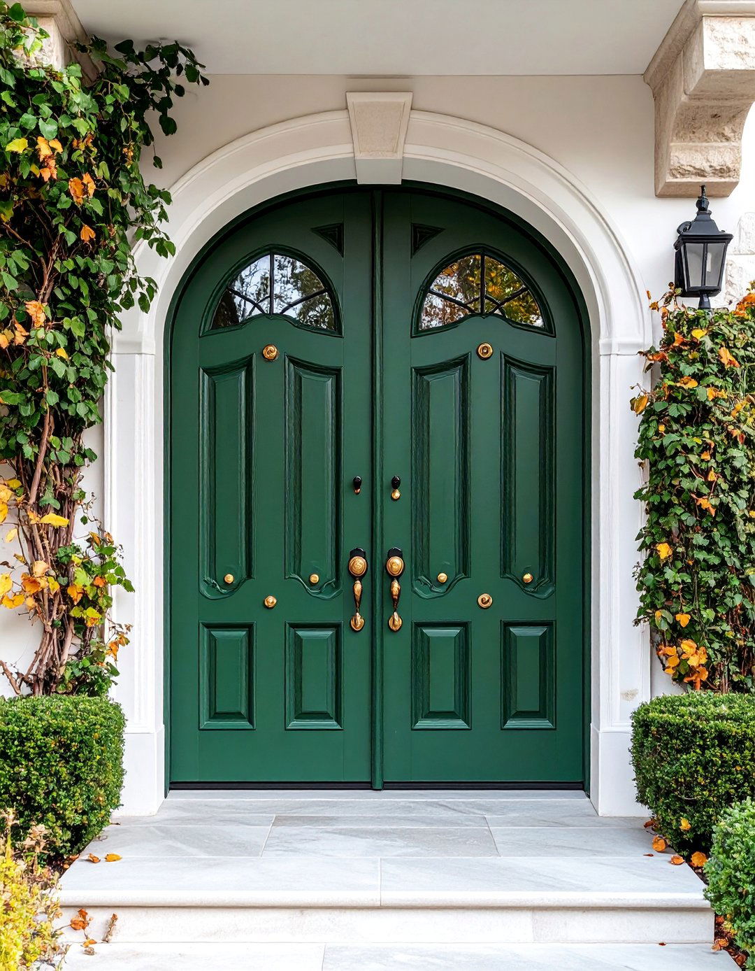 Olive Green Double Front Doors with Arched Glass Panels - 25 Olive Green Front Door Ideas