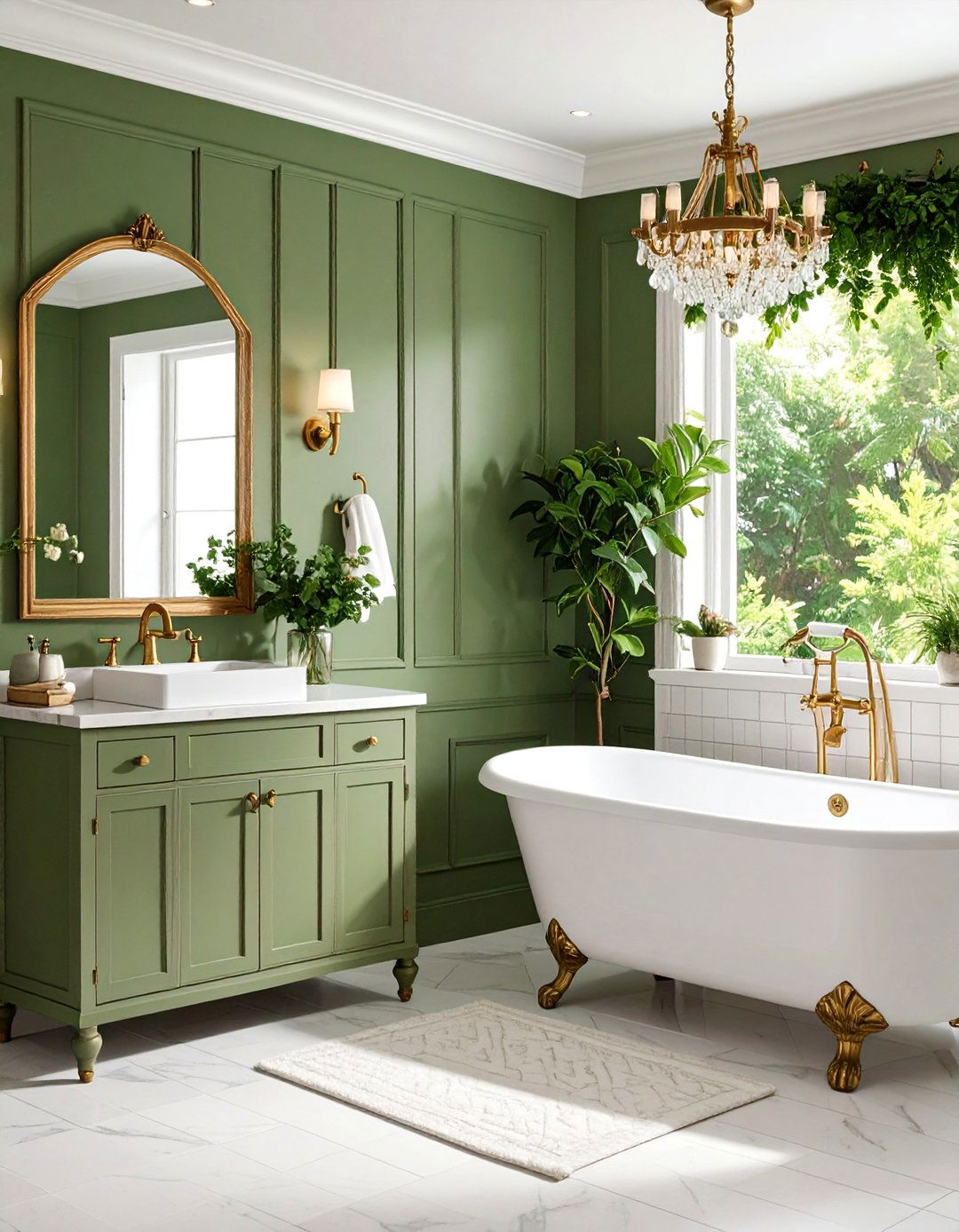 Olive Green Guest Bathroom with Vintage Fixtures - 25 Green Accent Wall Ideas