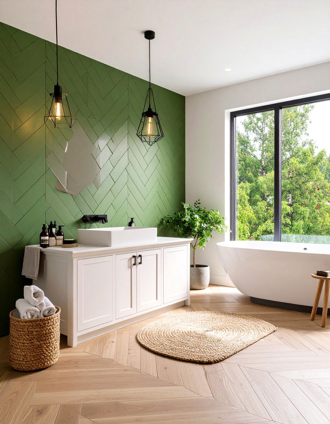 Olive Green Herringbone Pattern Modern Farmhouse - 25 Green Tile Bathroom Ideas