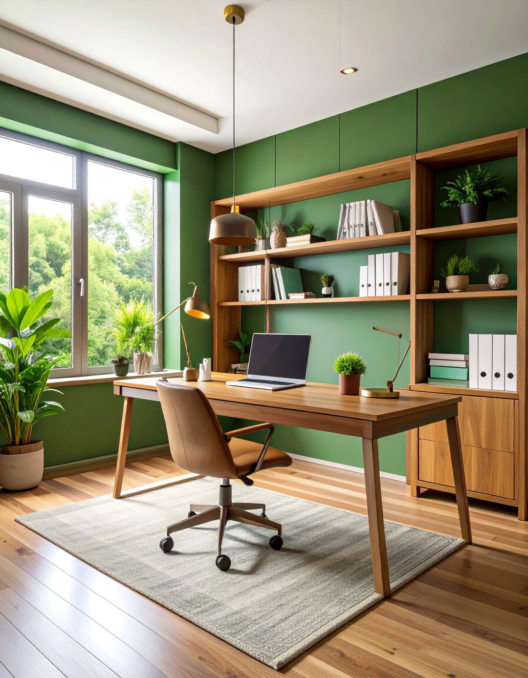 Olive Green Home Office with Built in Shelving - 25 Olive Green Room Ideas