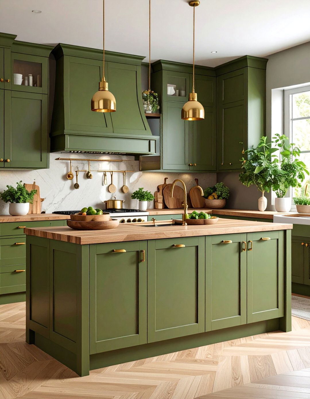 Olive Green Kitchen Cabinets with Brass Details - 25 Kitchen Cabinet Color Ideas