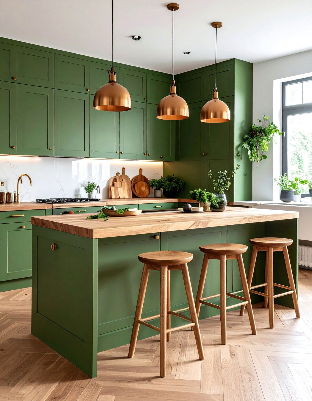 Olive Green Kitchen Island with Natural Materials - 25 Green Accent Wall Ideas