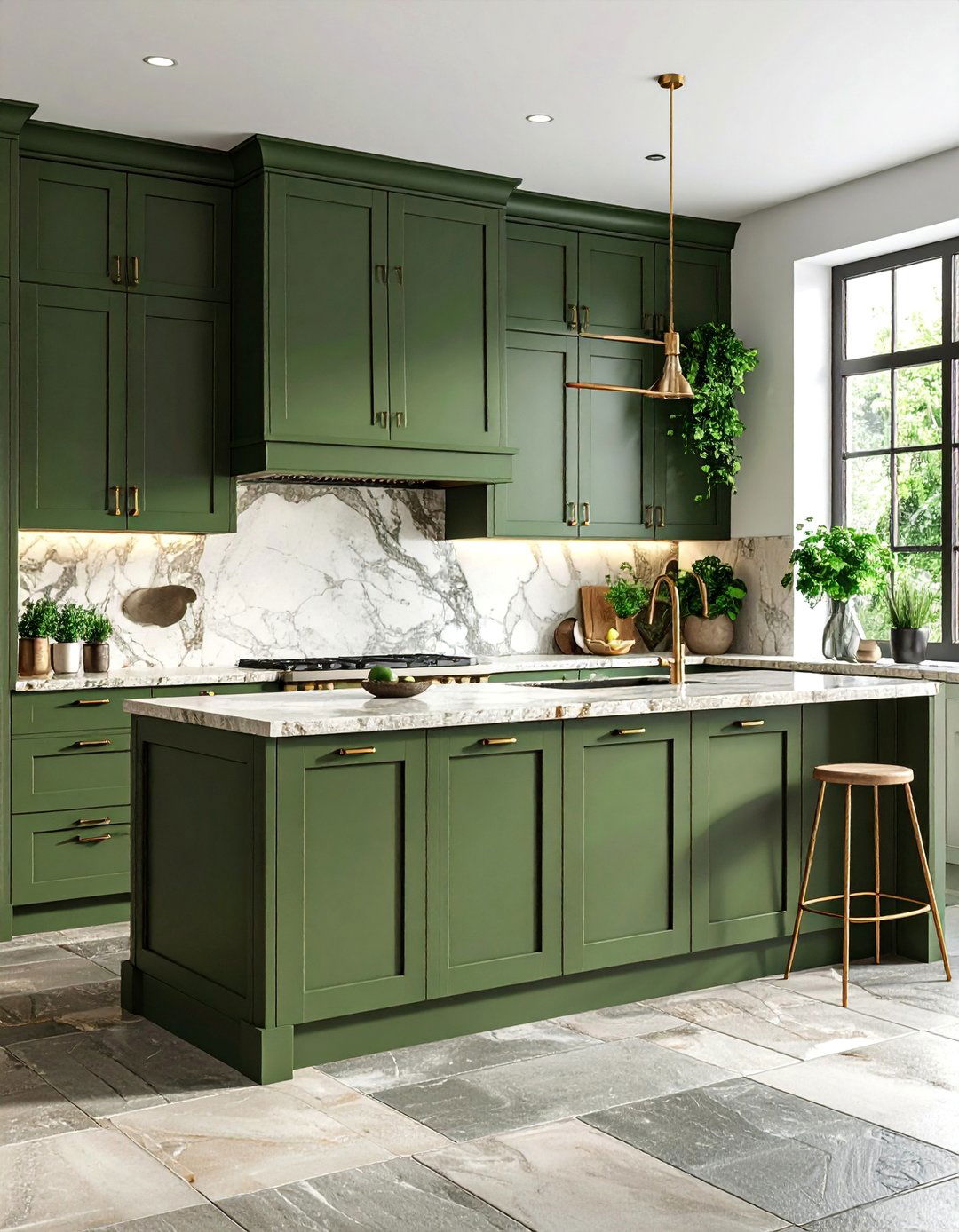 Olive Green Kitchen with Natural Stone Backsplash - 25 Olive Green Kitchens