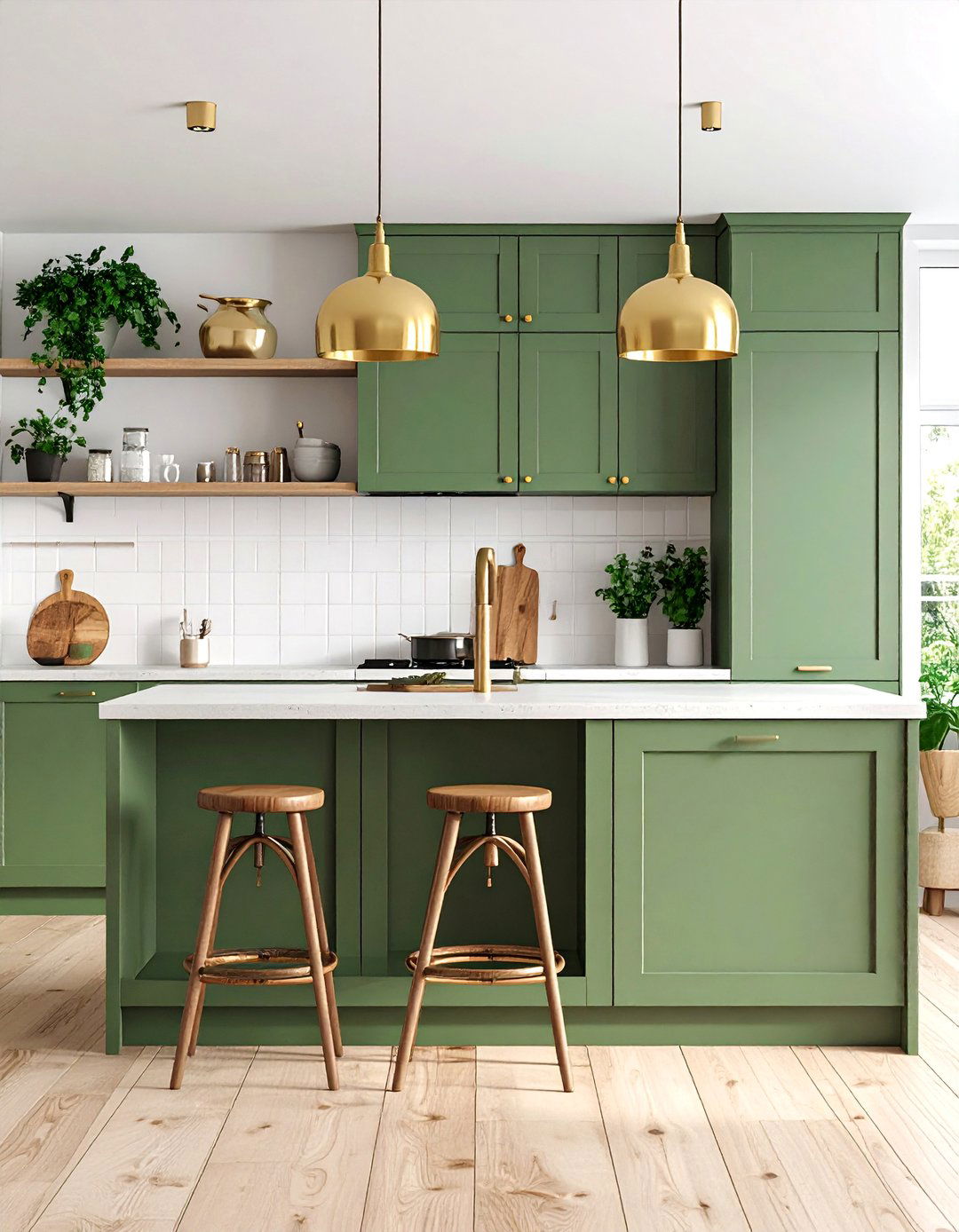 Olive Green Kitchen with White Oak Open Shelving - 25 Olive Green Kitchens