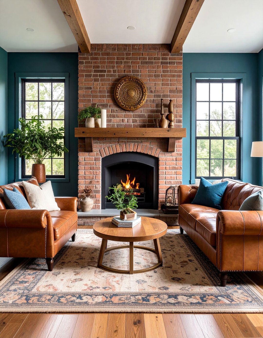Olive Green Painted Brick with Brass Accents - 25 Green Fireplace Ideas