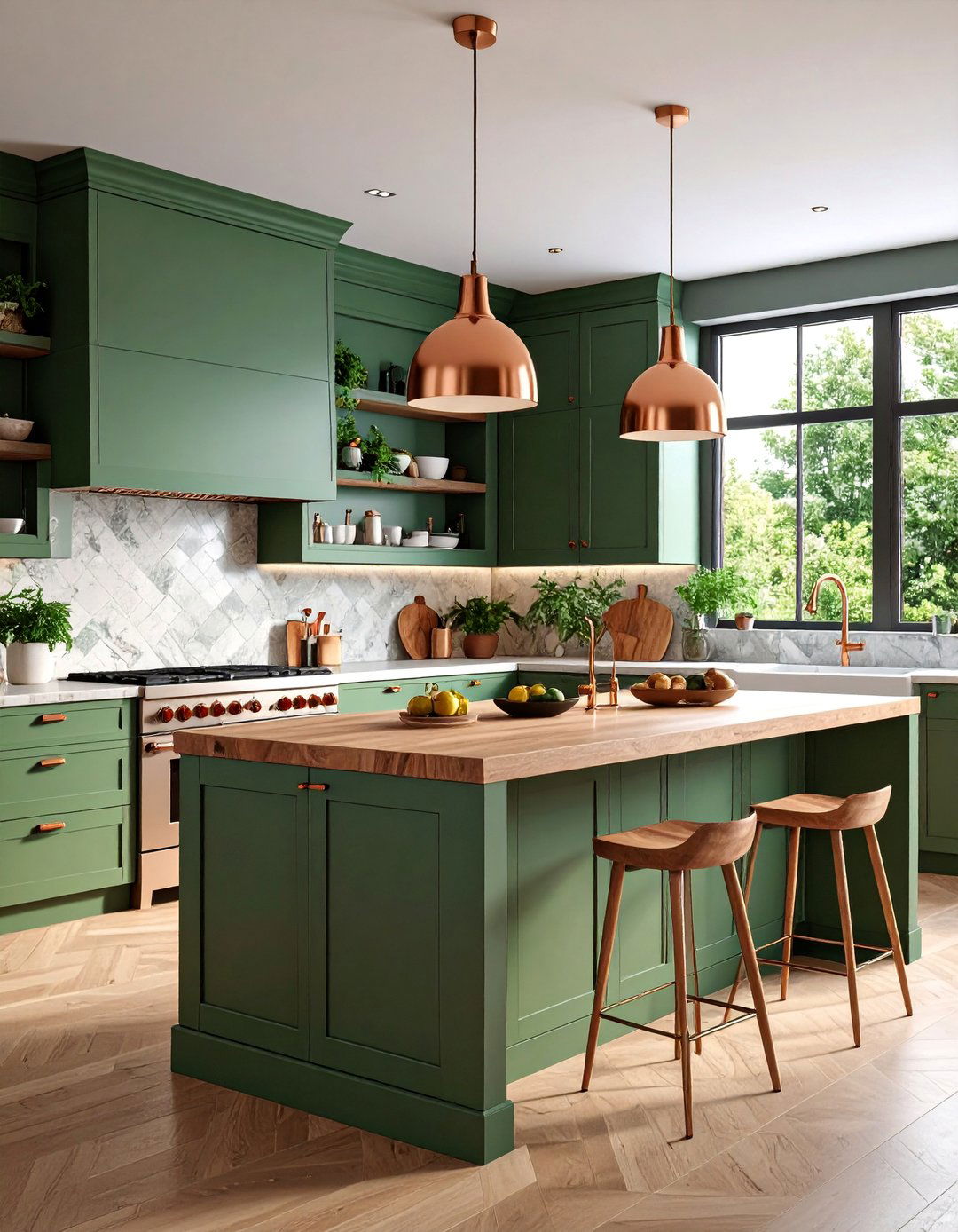 Olive Green Peninsula with Copper Lighting - 25 Green and Copper Kitchen Ideas