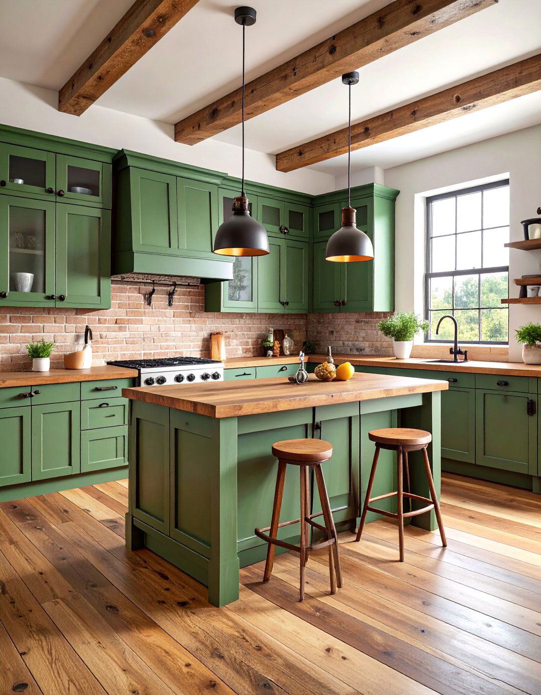 Olive Green Rustic Kitchen with Reclaimed Materials - 25 Dark Green Kitchen Ideas