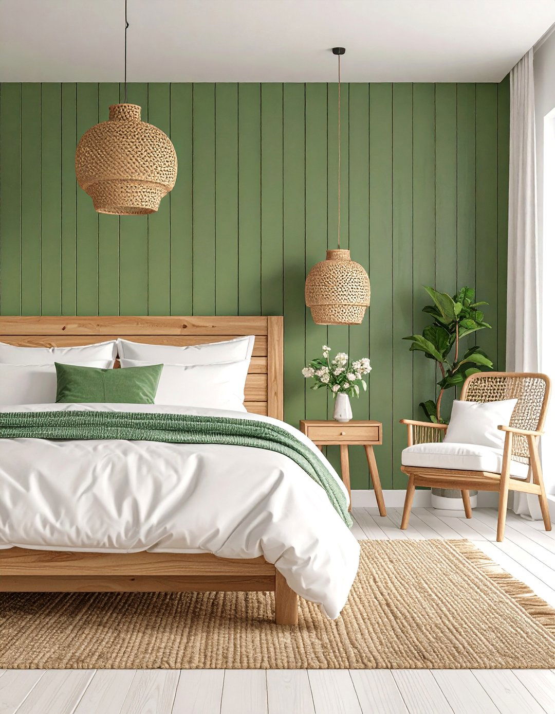 Olive Green Shiplap Feature Wall in Bedroom - 25 Olive Green Room Ideas