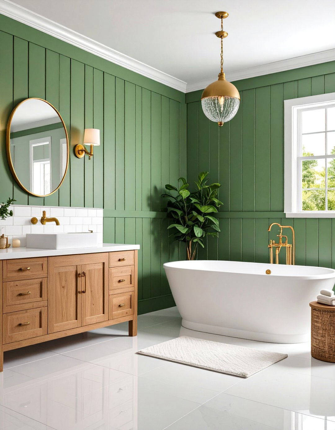 Olive Green Shiplap with Brass Fixtures - 25 Green and Gold Bathroom Ideas