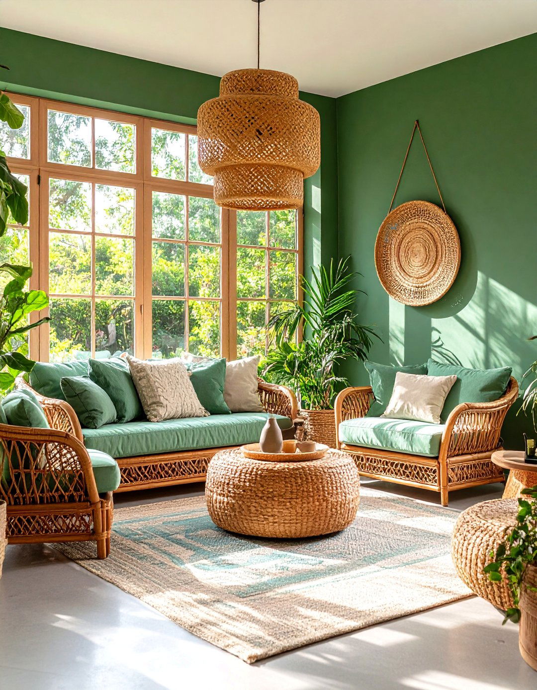 Olive Green Sunroom with Natural Wicker Furniture - 25 Olive Green Room Ideas