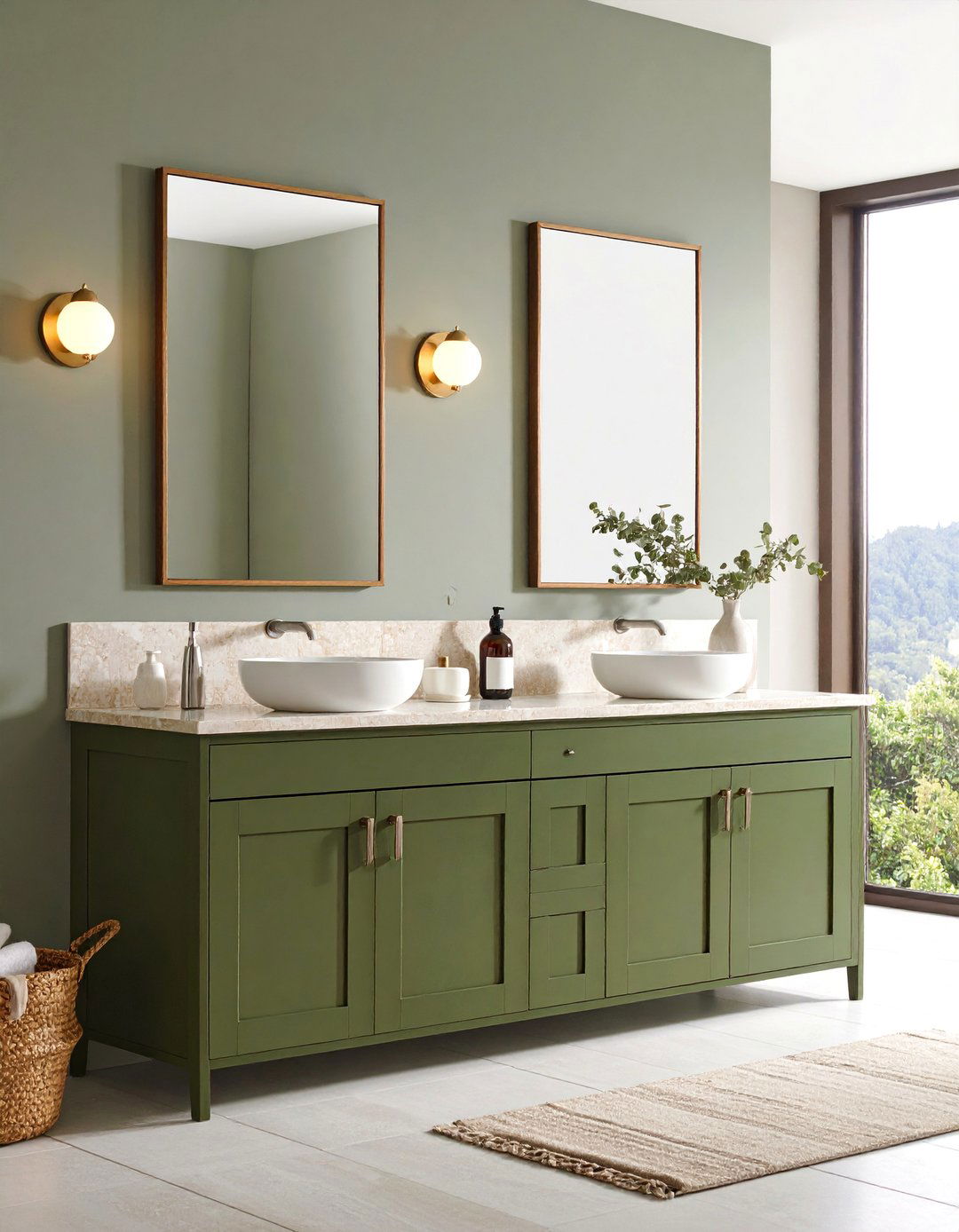 Olive Green Transitional Vanity with Natural Stone - 25 Bathroom With Green Vanity
