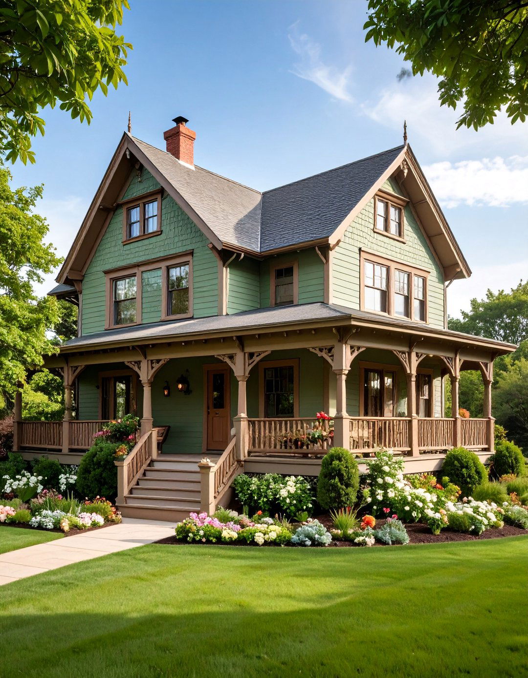 Olive Green Victorian Farmhouse with Brown Accents - 25 Green Victorian House Colors