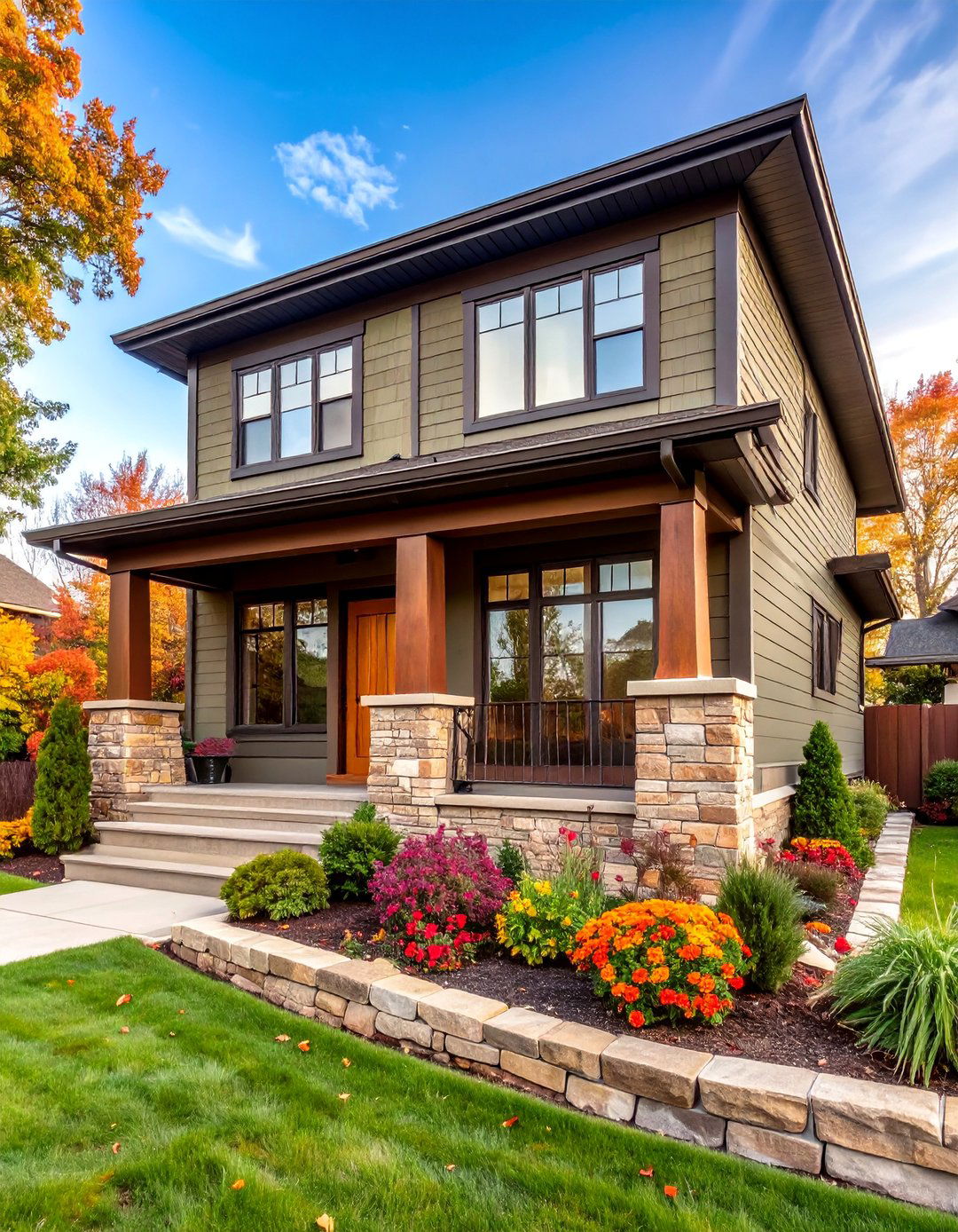 Olive Green Vinyl with Sandstone Brick Prairie Style - 25 Vinyl Siding and Brick Combinations