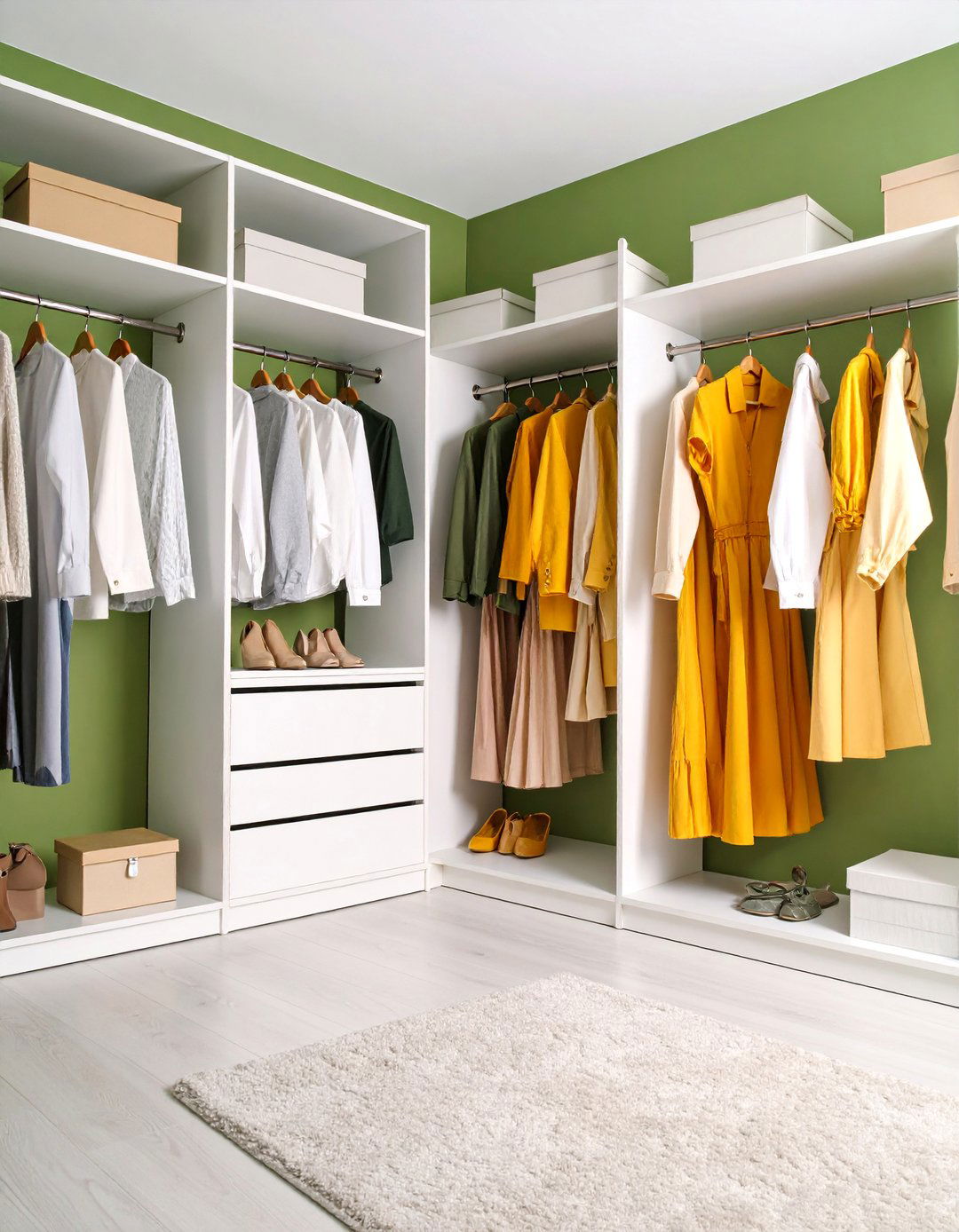 Olive Green Walk in Closet with Built in Organization - 25 Olive Green Room Ideas
