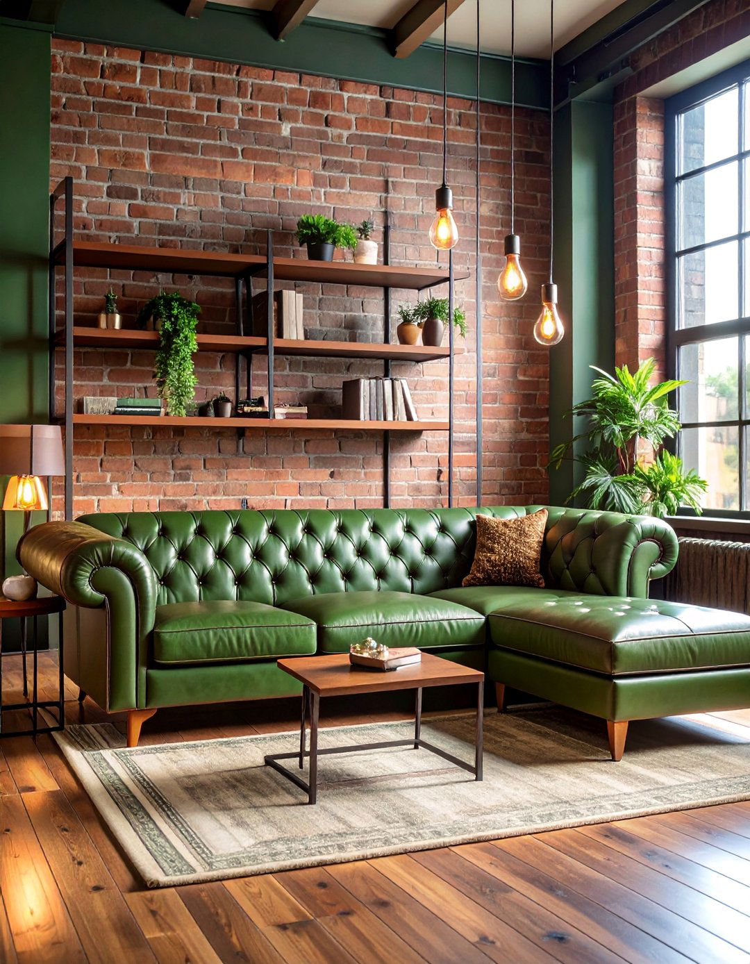 Olive Green and Copper Gold Industrial Living Room - 25 Green and Gold Living Room Ideas