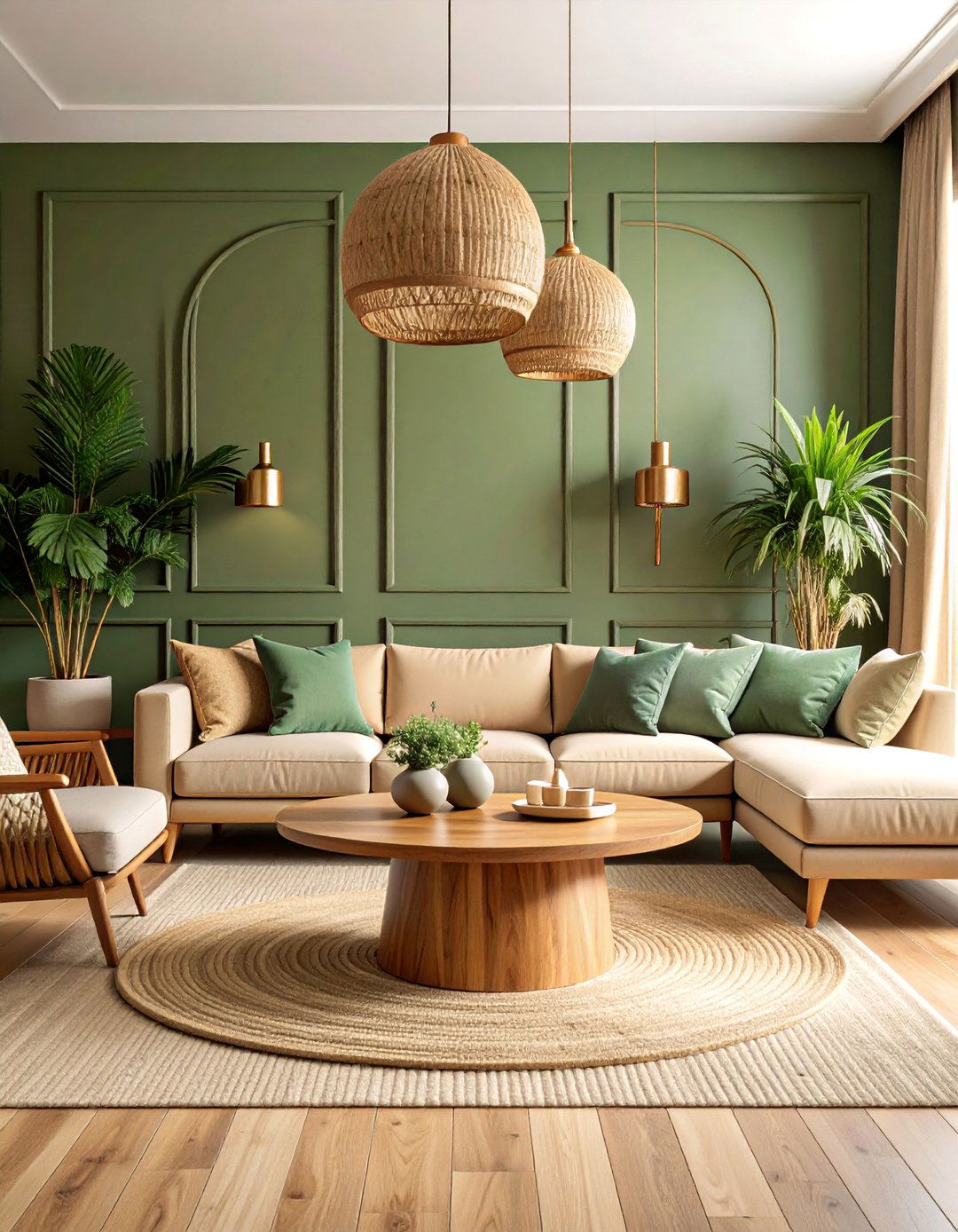 Olive Green and Natural Wood Living Room - 25 Moody Living Room Ideas