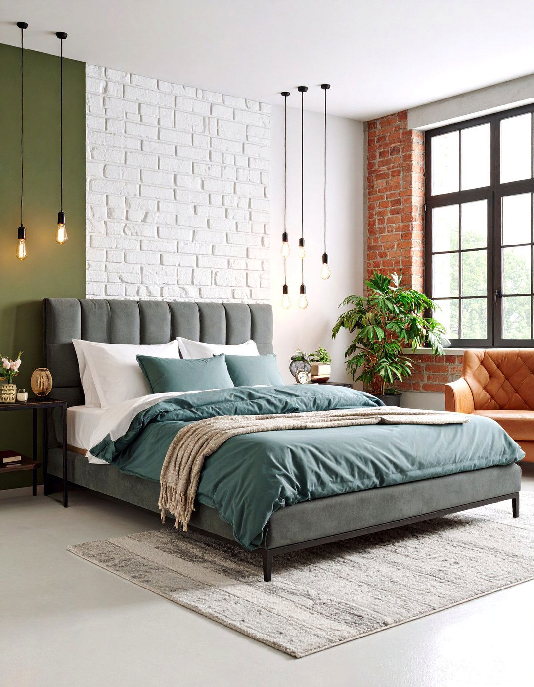 Olive Green and Slate Grey Industrial Loft Bedroom - 25 Green and Grey Bedroom Ideas