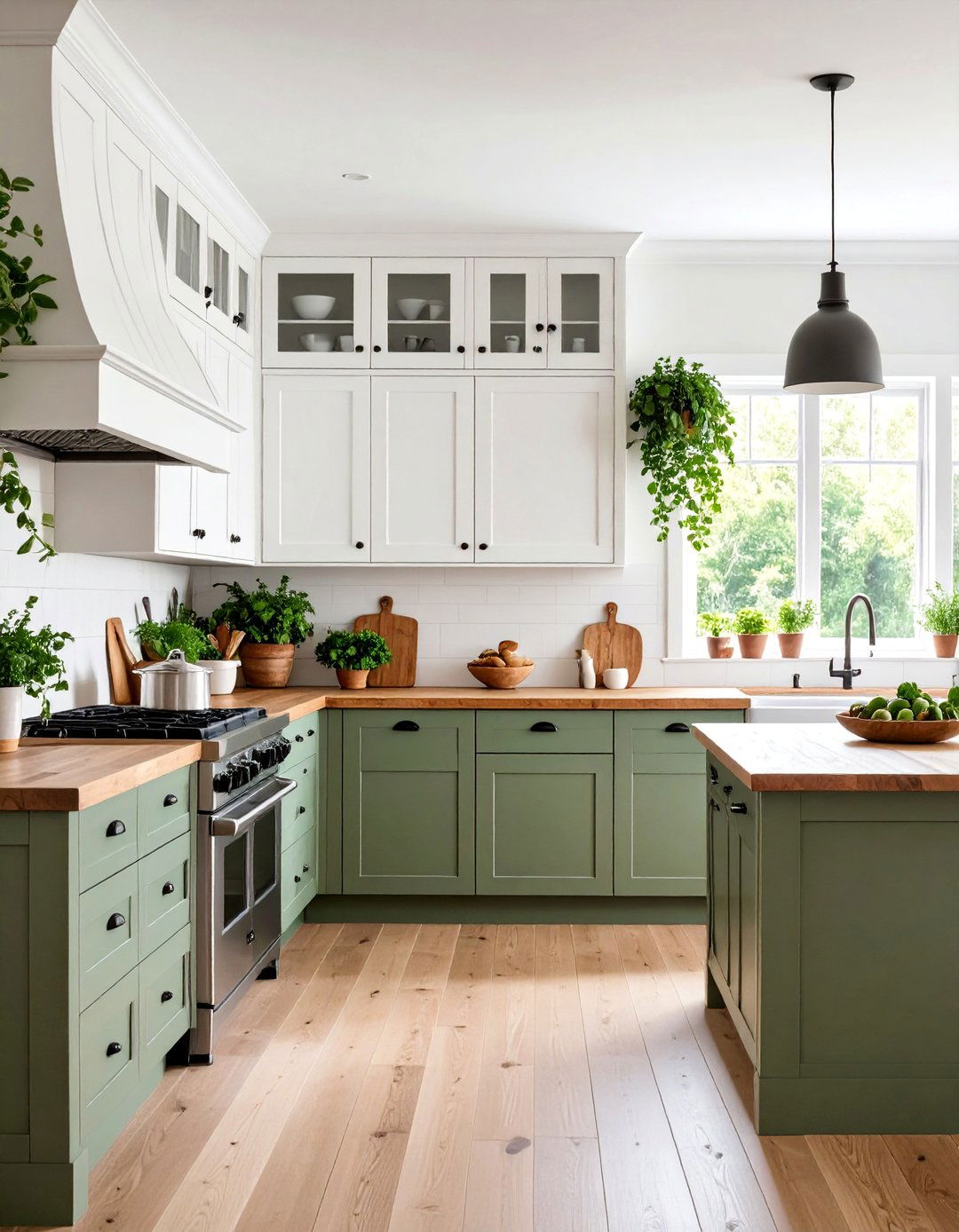 Olive Green and White Farmhouse Kitchen - 25 Two Tone Kitchen Cabinet Ideas