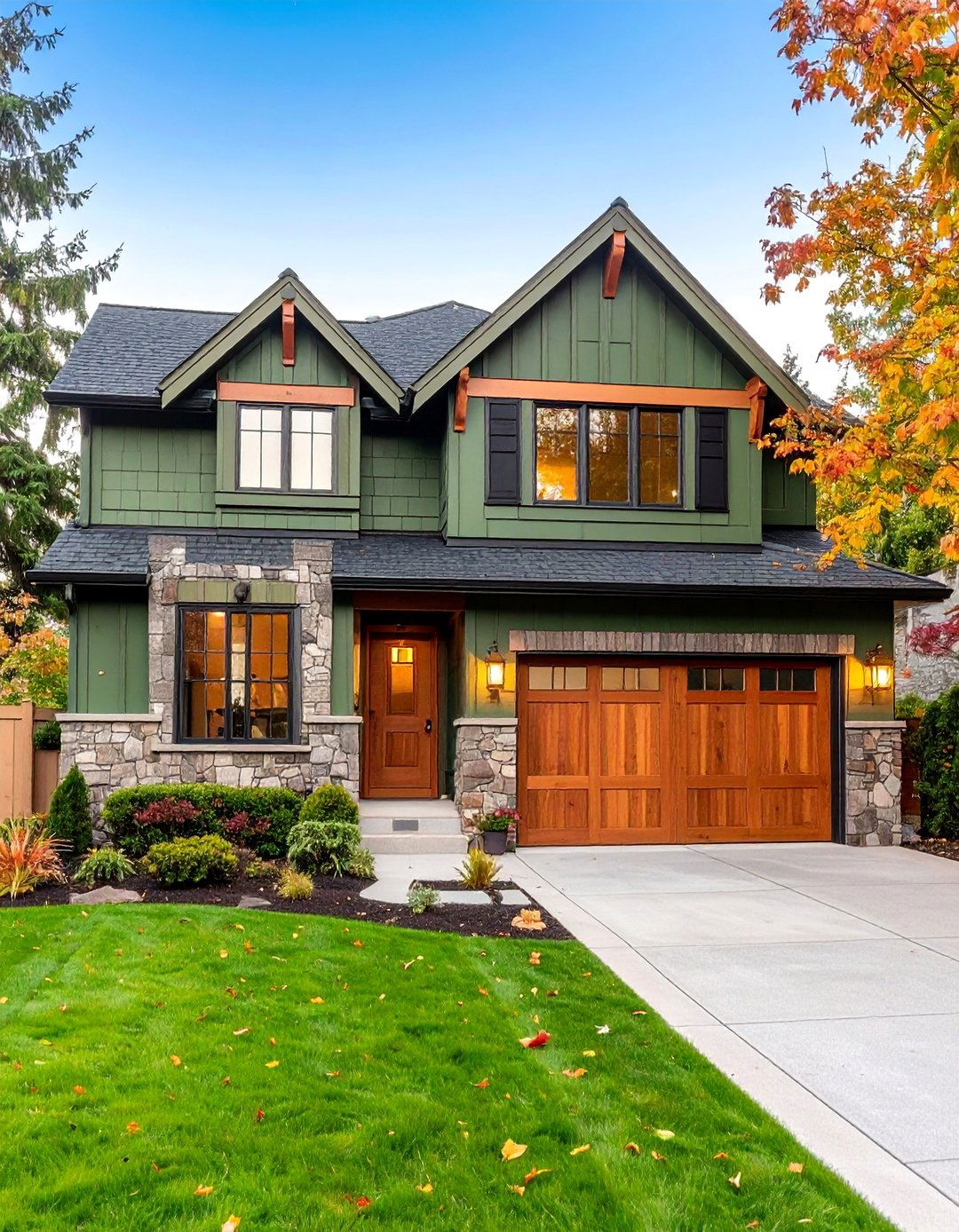 Olive Green with Stone Foundation - 25 Exterior Brick Paint Color Ideas