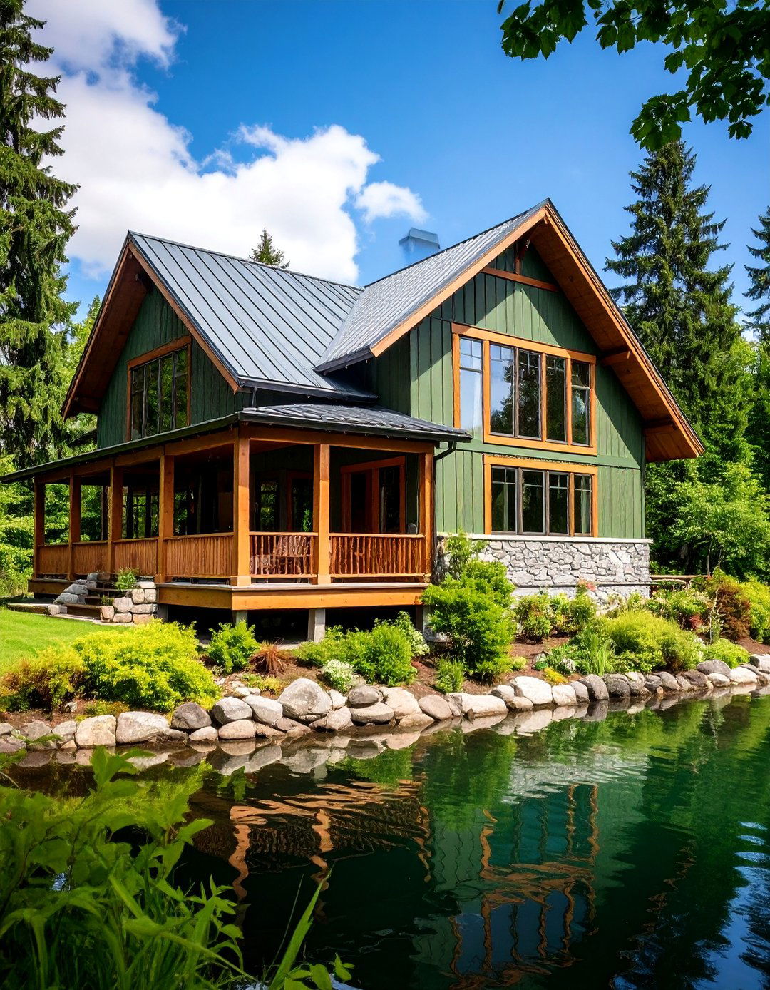 Olive Green with Stone and Wood Combination - 25 Lake House Exterior Colors Ideas
