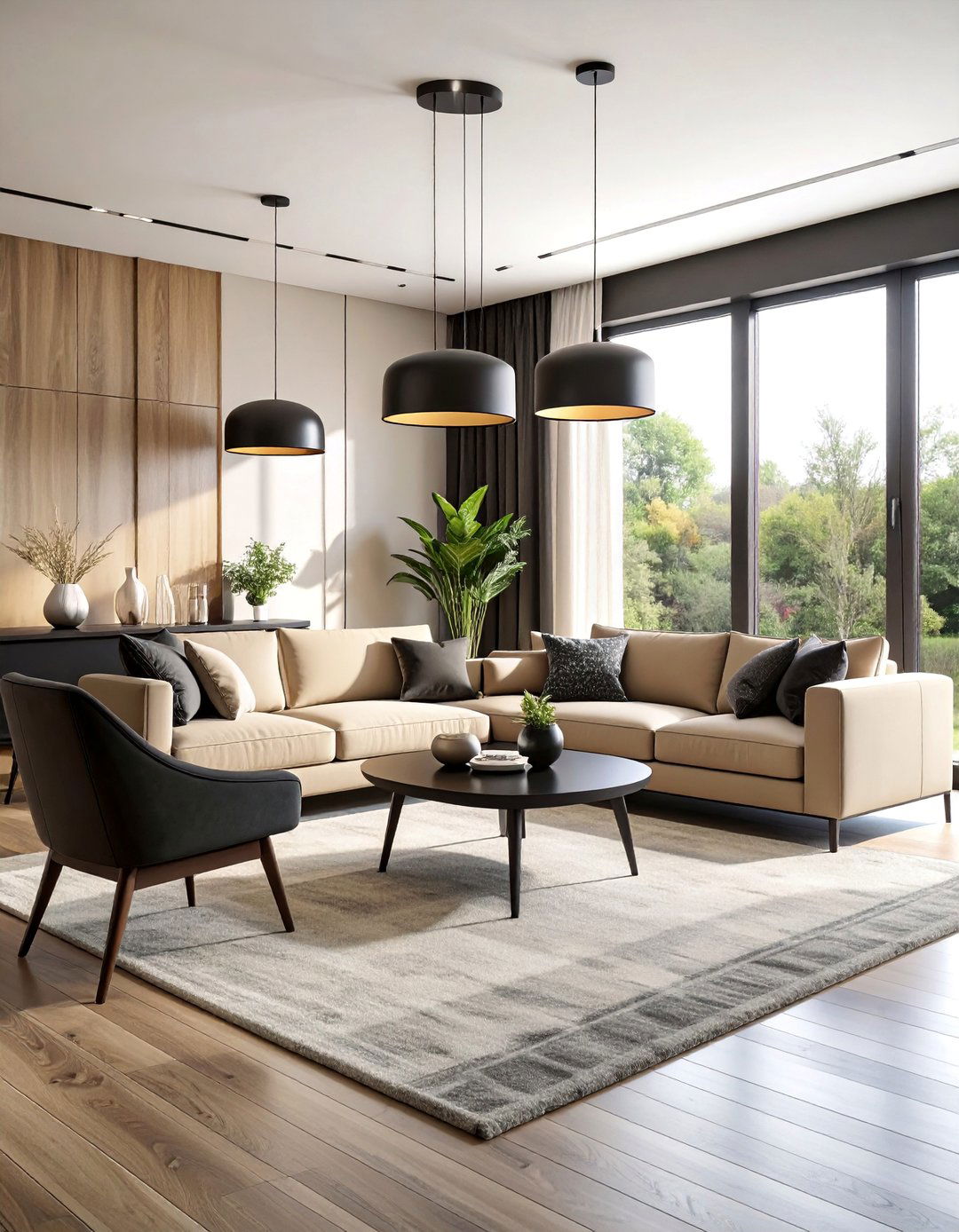 Open Concept Black Beige Living Room - 25 Black and Beige Living Room Ideas