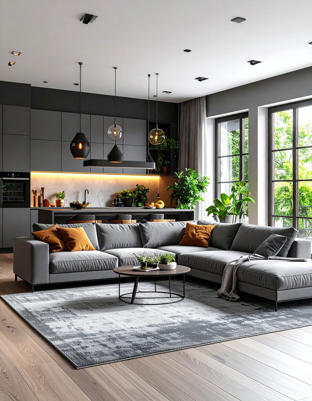 Open Concept Grey Living Room with Kitchen Views - 25 living room grey walls black trim