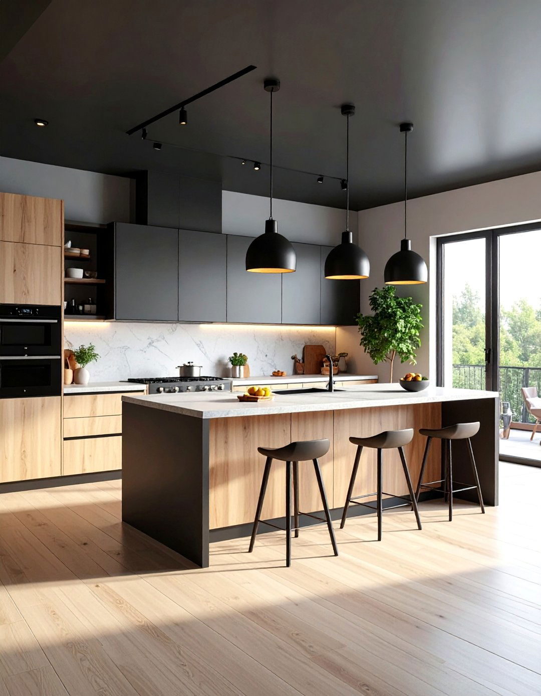 Open Concept Kitchen with Dramatic Ceiling - 25 Black Ceiling With Grey Walls