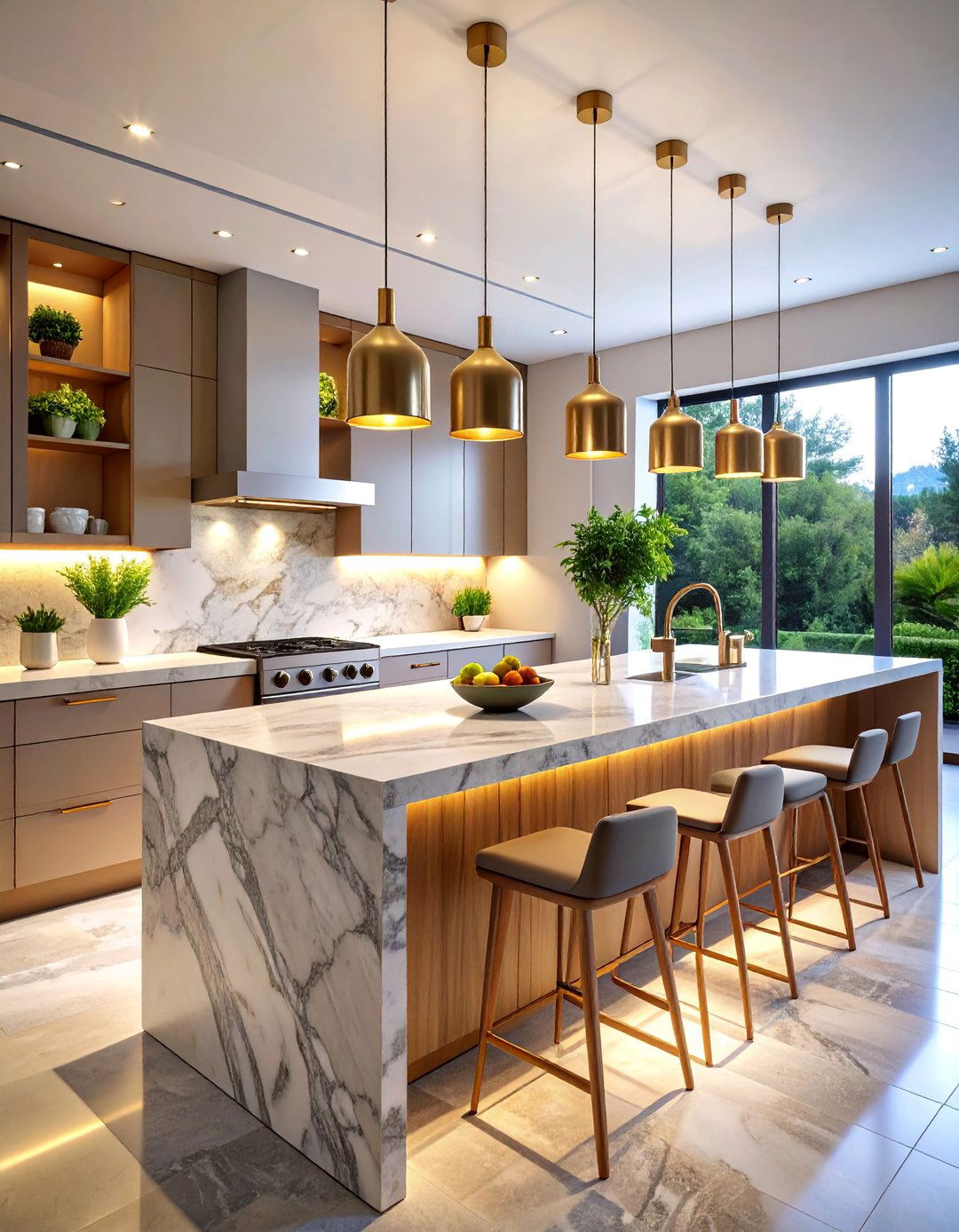 Open Concept Kitchen with Stone Waterfall Island - 25 Organic Modern Interior Design Ideas