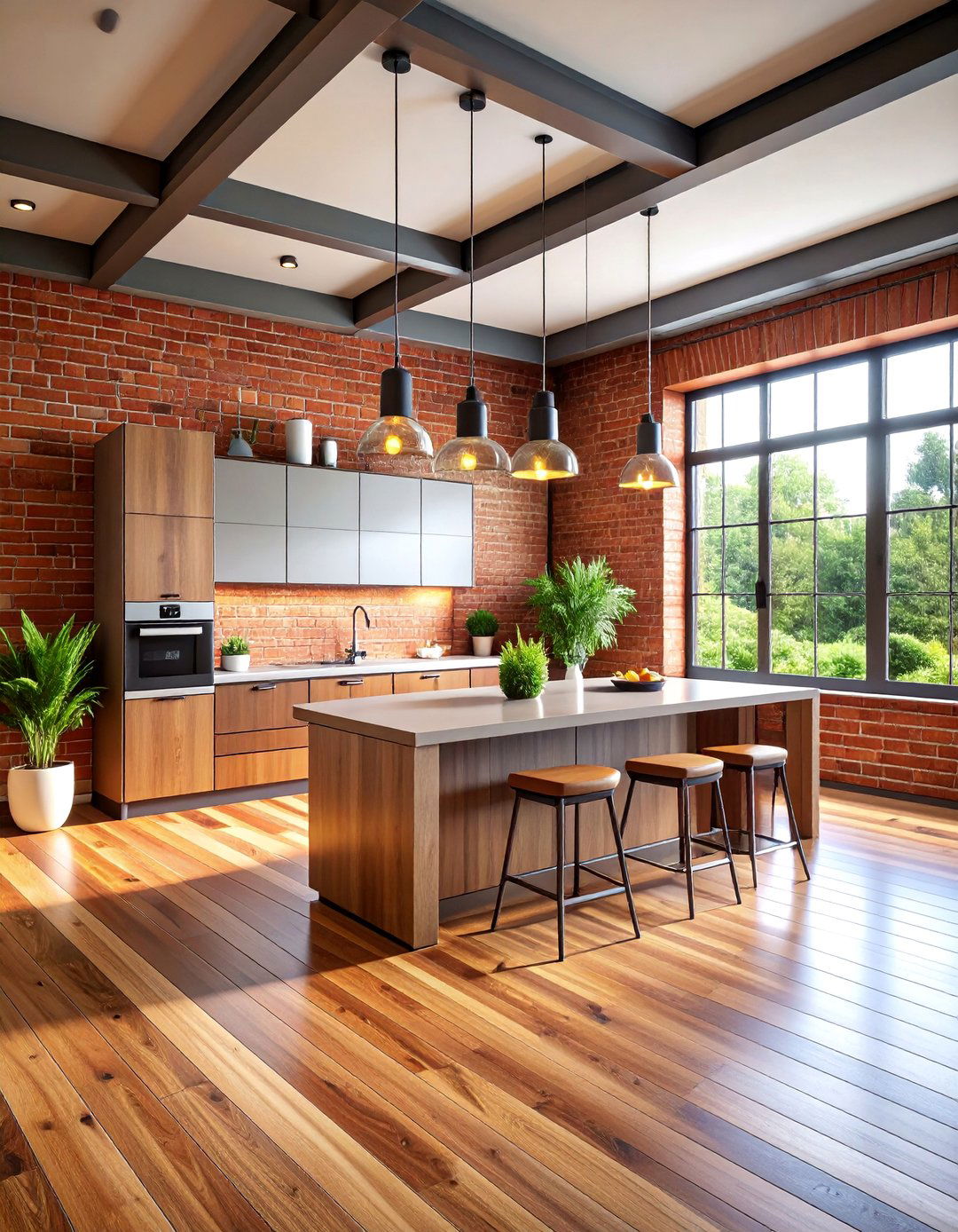 Open Concept Red Brick Wall with Glass Elements - 25 Red Brick Kitchen Ideas