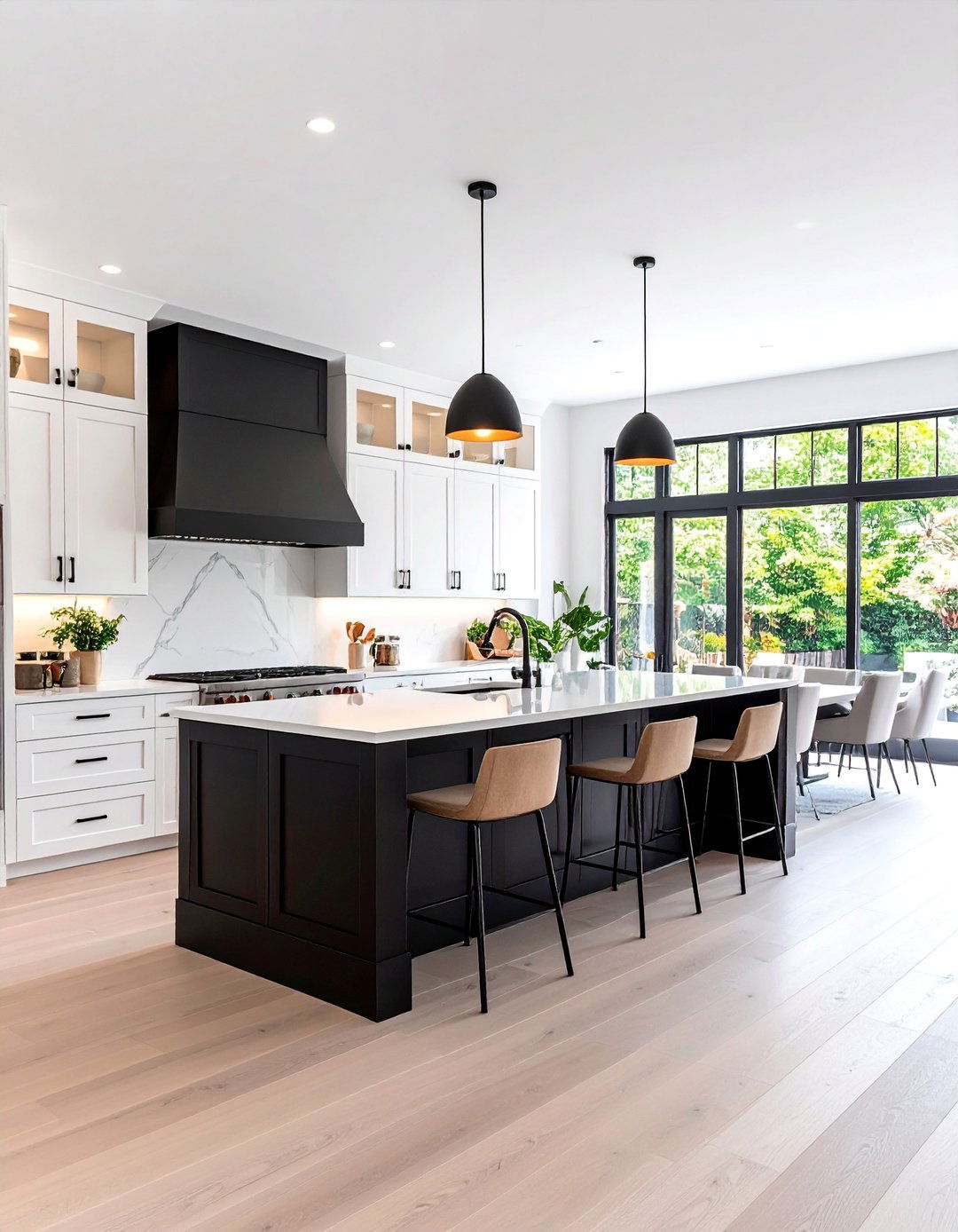 Open Concept White Kitchen with Black Island Room Divider - 25 white kitchen ideas with black island