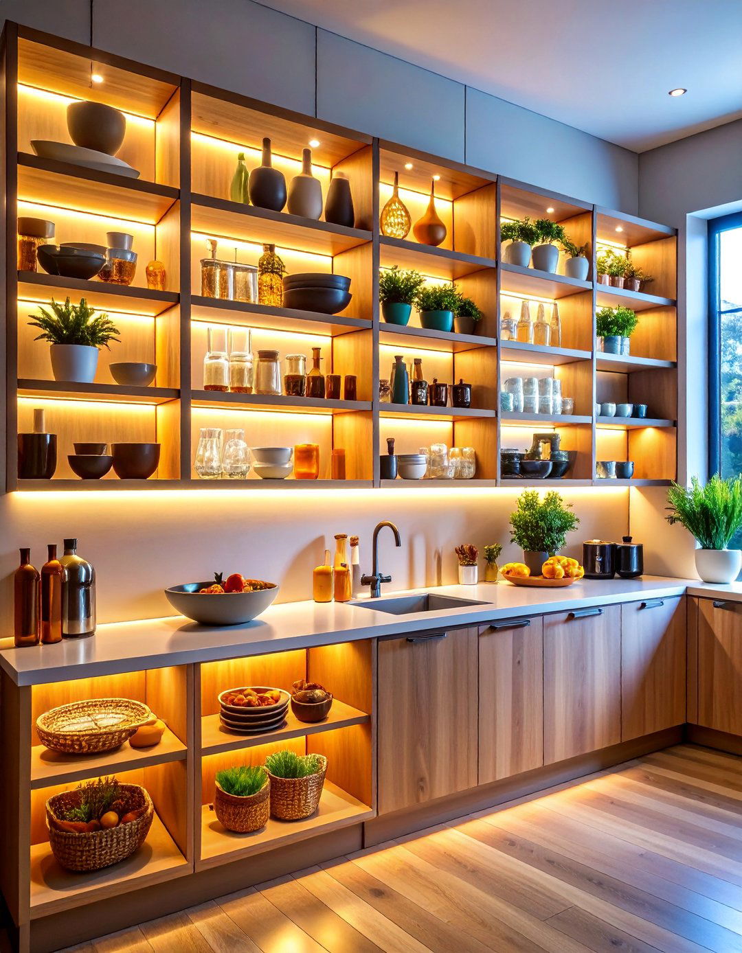 Open Shelf Display Accent Lighting - 25 Kitchen Lighting Ideas