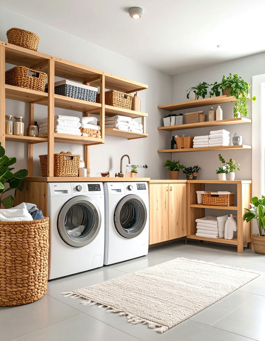 Open Shelving Basement Laundry with Decorative Storage - 25 basement laundry room ideas