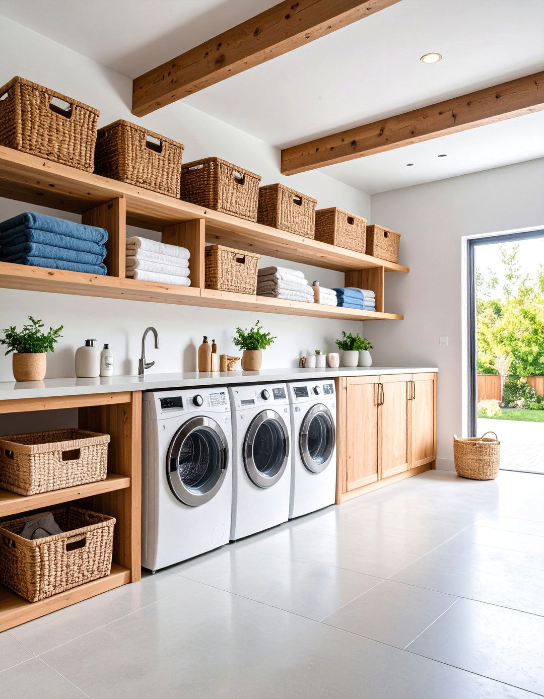 Open Shelving Garage Laundry with Basket Organization - 25 Garage Laundry Room Ideas