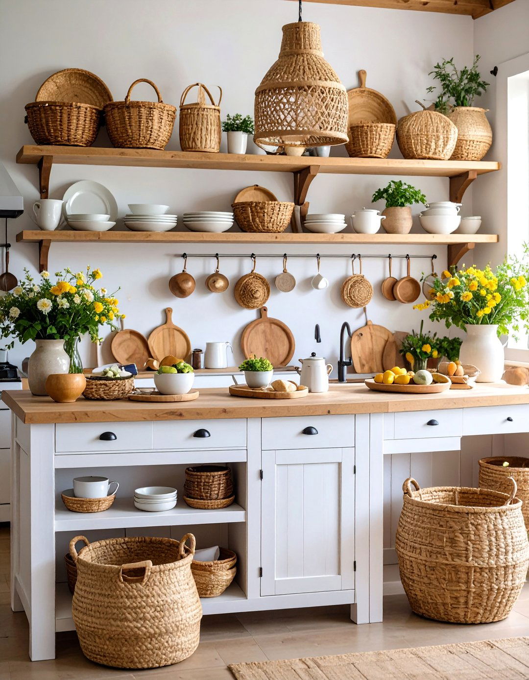 Open Shelving Island with Woven Basket Storage - 25 Kitchen Island Storage Ideas