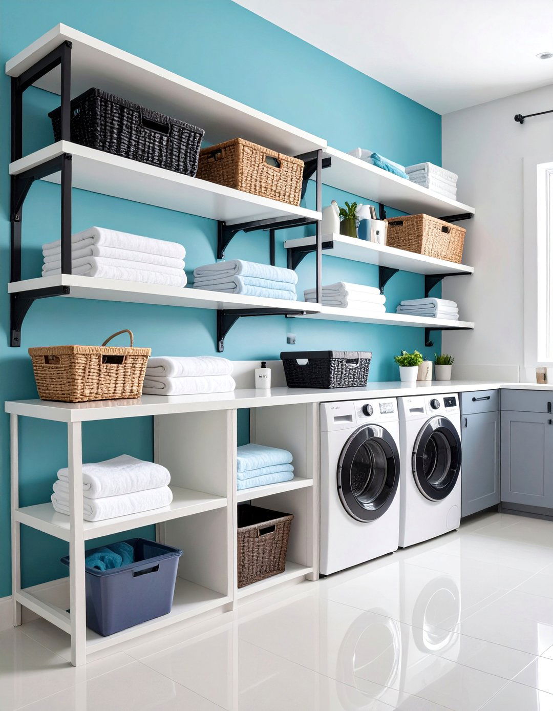 Open Shelving with Black Brackets - 25 Black and White Laundry Room Ideas