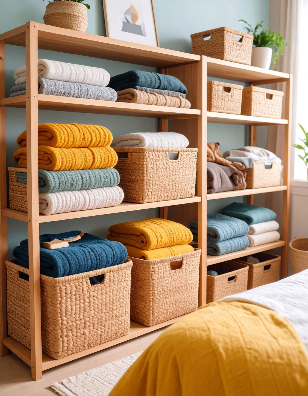 Open Shelving with Decorative Storage Baskets - 25 sweater storage ideas
