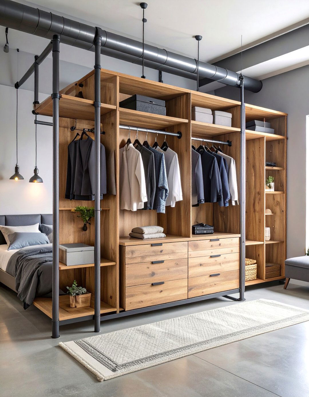 Open Wardrobe with Industrial Pipe Framework - 25 Clothes Storage Ideas