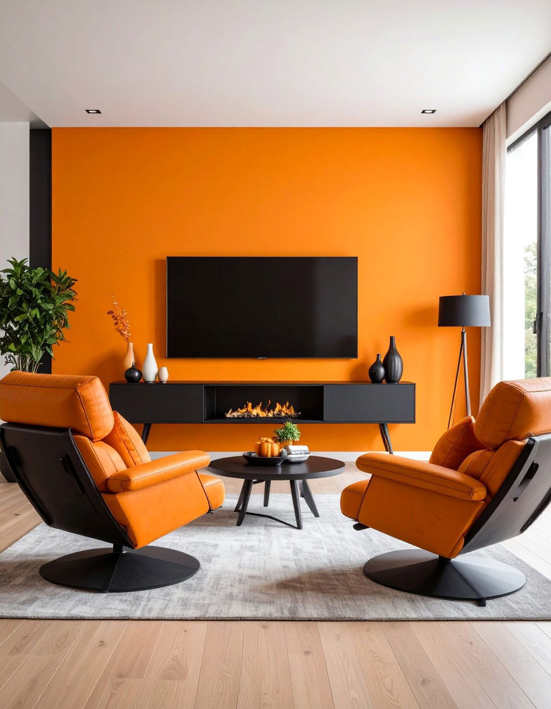 Orange Accent Wall Entertainment Living Room - 25 Black and Orange Living Room Ideas