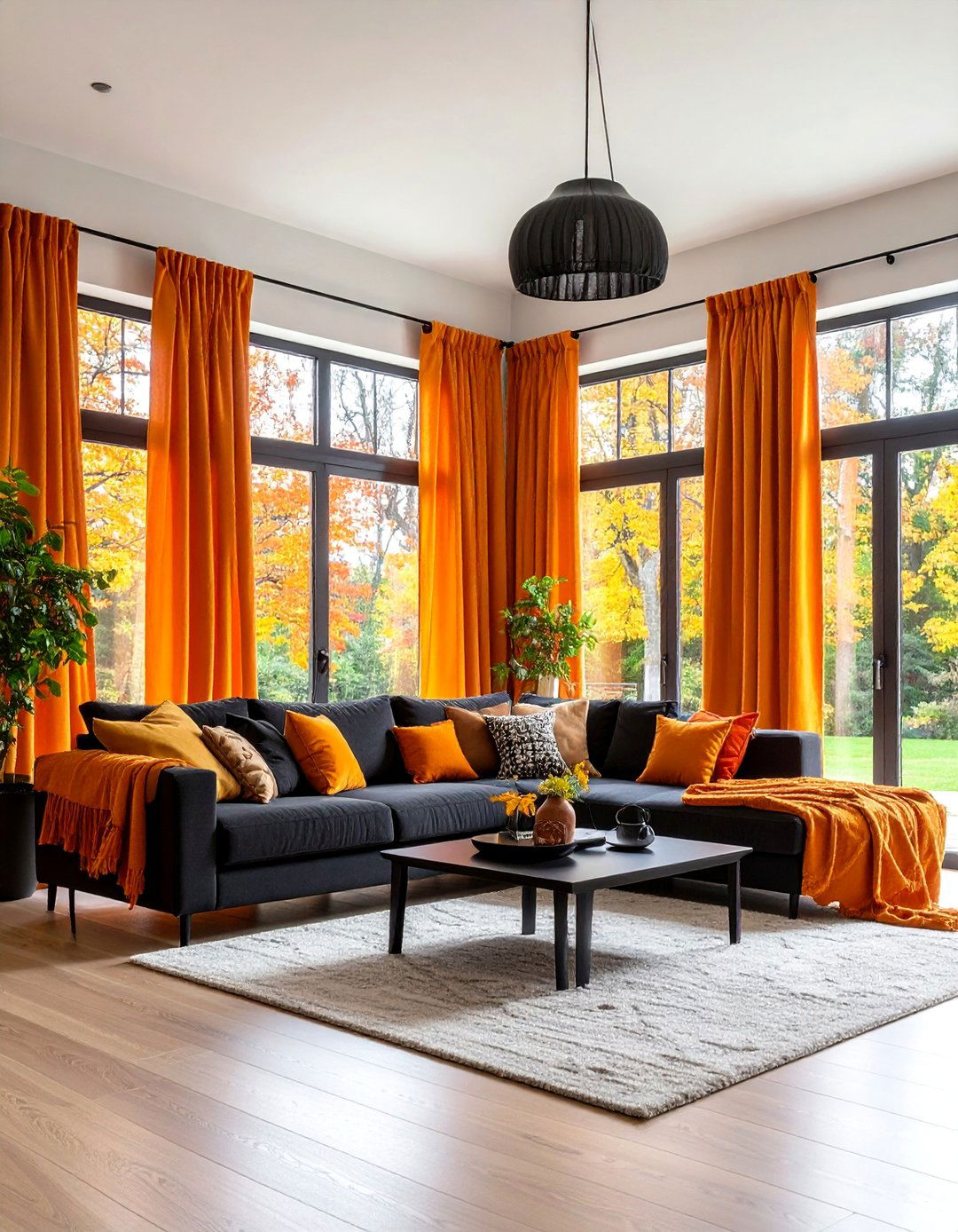 Orange Curtain Panel Living Room - 25 Black and Orange Living Room Ideas