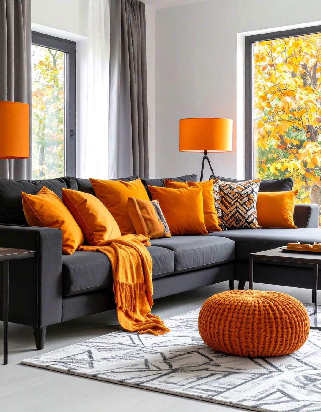 Orange Throw Pillow Layered Living Room - 25 Black and Orange Living Room Ideas