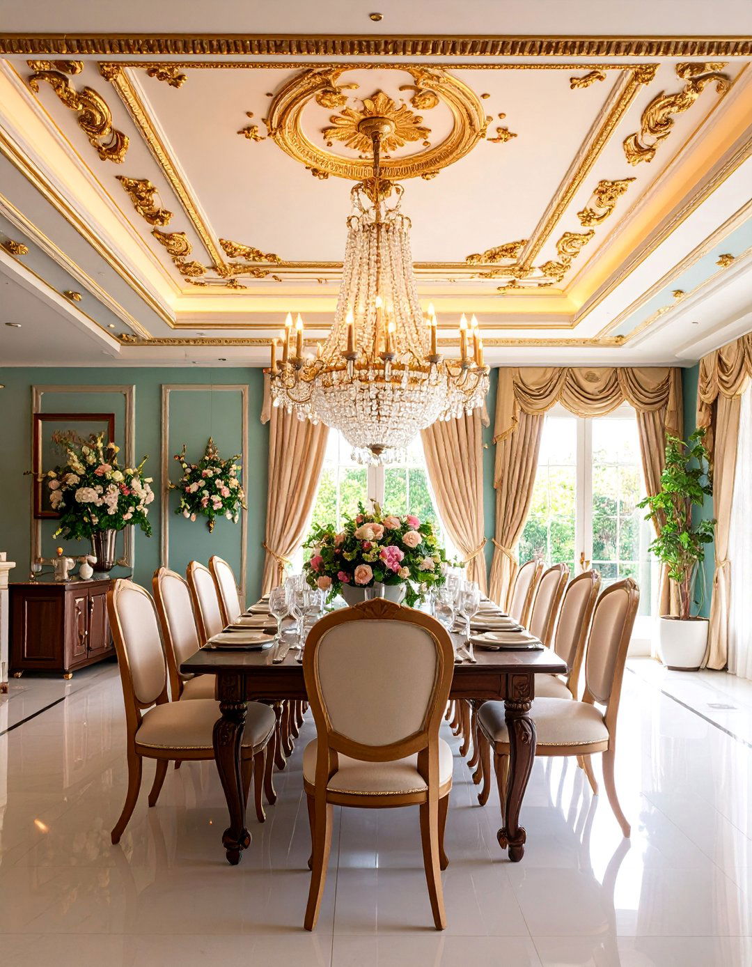 Ornate Crown Molding Reverse Tray Ceiling with Crystal Chandelier - 25 Reverse Tray Ceiling Ideas