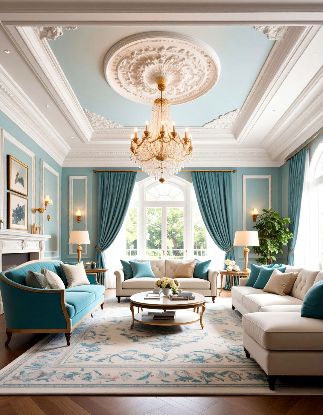 Ornate Medallion and Crown Molding Ceiling - 25 Living Room Ceiling Ideas